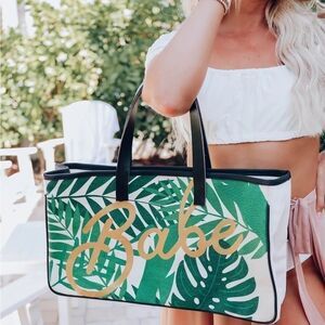 Babe Large Green Beige Tropical Vacation Beach Tote Bag